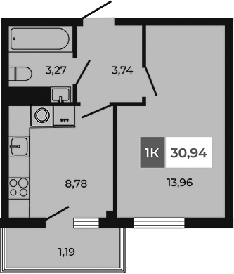 Планировка — Соседи, 1-комн., 30 м²