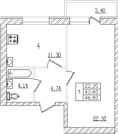 Планировка — Северный. СЗ Северный, 1-комн., 41 м²