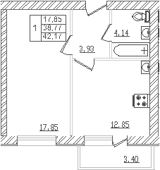 Планировка — Северный. СЗ Северный, 1-комн., 36 м²