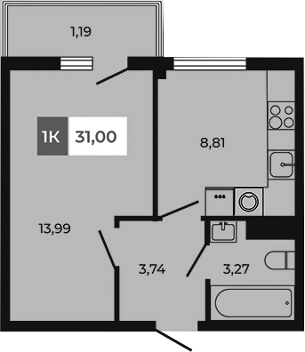 Планировка — Соседи, 1-комн., 30 м²