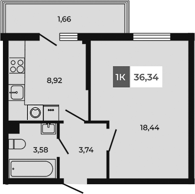 Планировка — Соседи, 1-комн., 35 м²