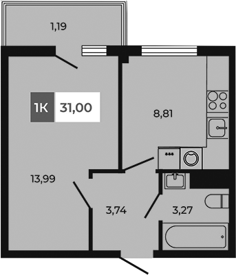 Планировка — Соседи, 1-комн., 30 м²