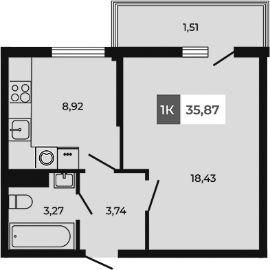 Планировка — Соседи, 1-комн., 34 м²