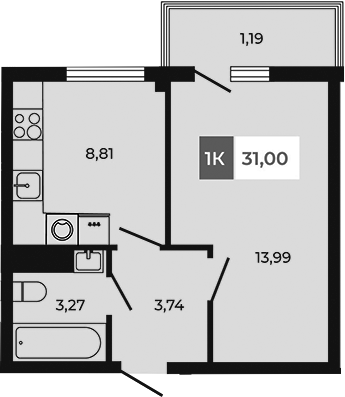 Планировка — Соседи, 1-комн., 30 м²