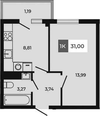 Планировка — Соседи, 1-комн., 30 м²