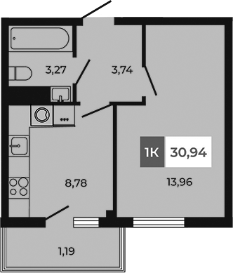Планировка — Соседи, 1-комн., 30 м²