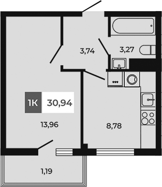 Планировка — Соседи, 1-комн., 30 м²