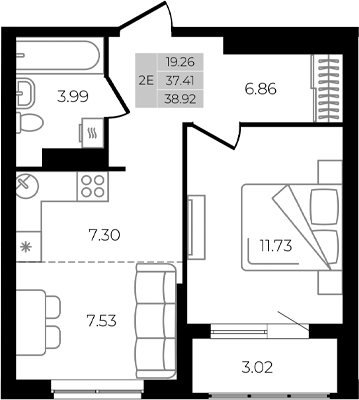 Планировка — Курортный регион, 2-комн., 37 м²