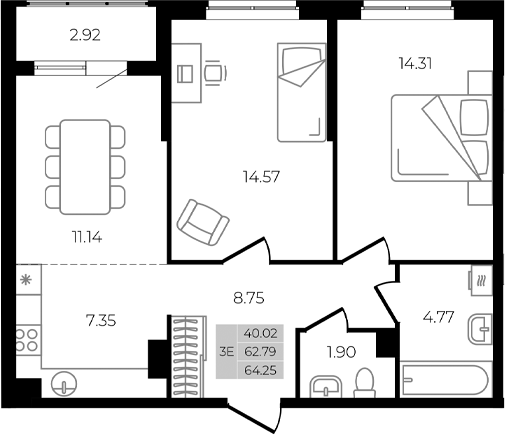 Планировка — Курортный регион, 3-комн., 63 м²