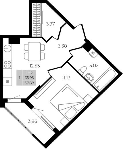 Планировка — Курортный регион, 1-комн., 36 м²