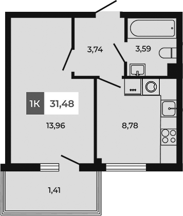 Планировка — Соседи, 1-комн., 30 м²
