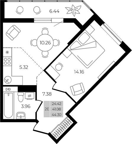 Планировка — Курортный регион, 2-комн., 41 м²