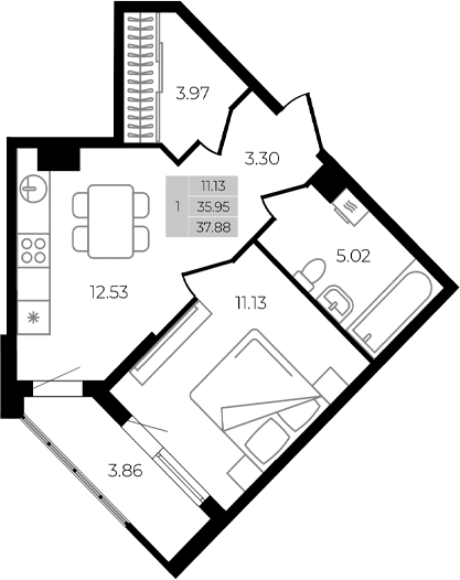 Планировка — Курортный регион, 1-комн., 36 м²