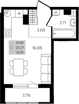 Планировка — Курортный регион, Студия, 24 м²