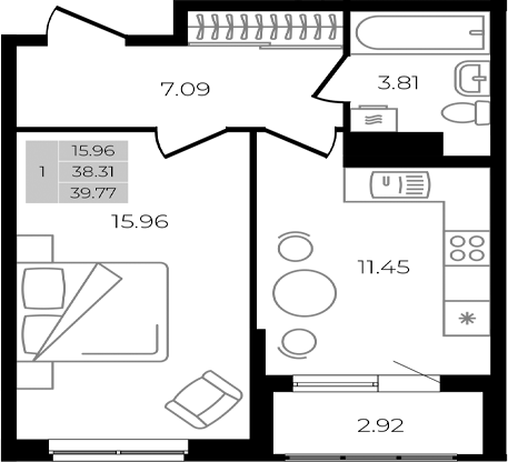 Планировка — Курортный регион, 1-комн., 38 м²