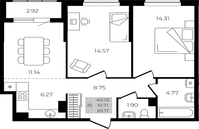 Планировка — Курортный регион, 3-комн., 62 м²