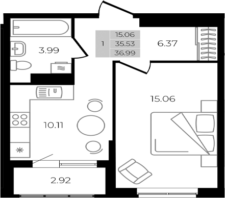 Планировка — Курортный регион, 1-комн., 36 м²