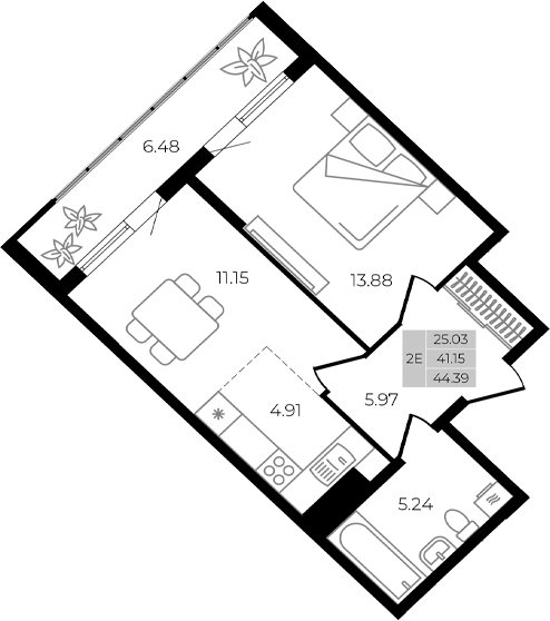Планировка — Курортный регион, 2-комн., 41 м²
