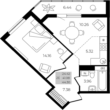 Планировка — Курортный регион, 2-комн., 41 м²