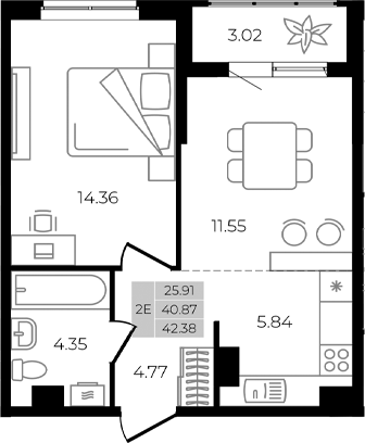 Планировка — Курортный регион, 2-комн., 41 м²