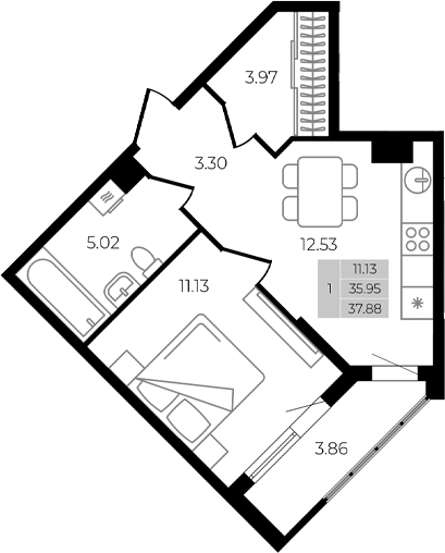 Планировка — Курортный регион, 1-комн., 36 м²