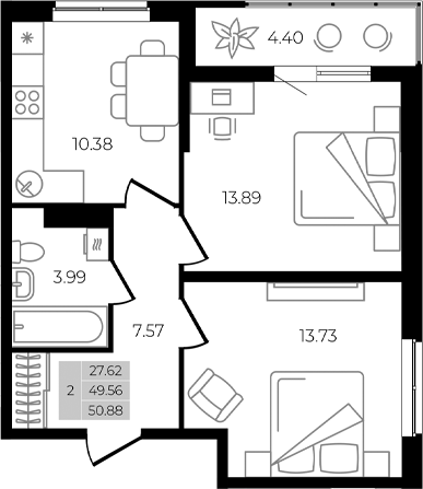 Планировка — Курортный регион, 2-комн., 50 м²