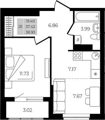 Планировка — Курортный регион, 2-комн., 38 м²
