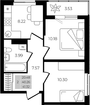 Планировка — Курортный регион, 2-комн., 40 м²