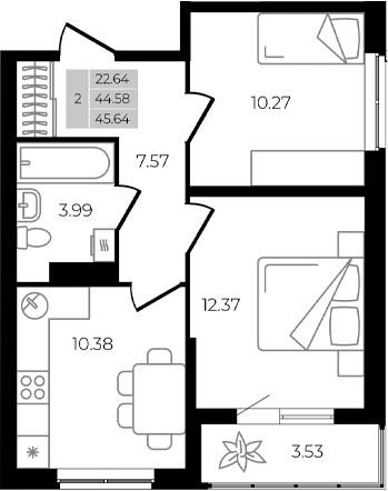Планировка — Курортный регион, 2-комн., 45 м²