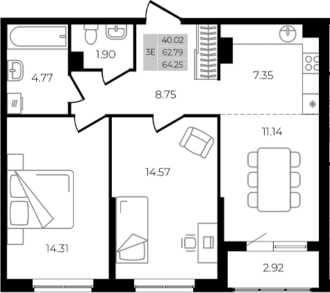 Планировка — Курортный регион, 3-комн., 63 м²