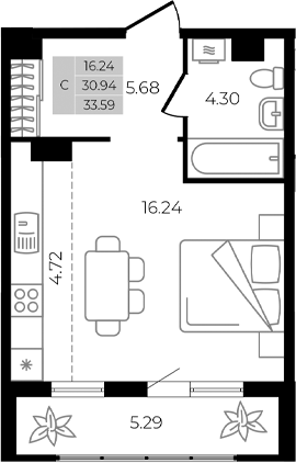 Планировка — Курортный регион, Студия, 31 м²