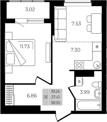 Планировка — Курортный регион, 2-комн., 37 м²