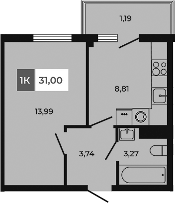 Планировка — Соседи, 1-комн., 30 м²