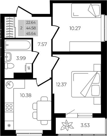 Планировка — Курортный регион, 2-комн., 45 м²