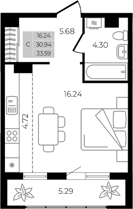 Планировка — Курортный регион, Студия, 31 м²