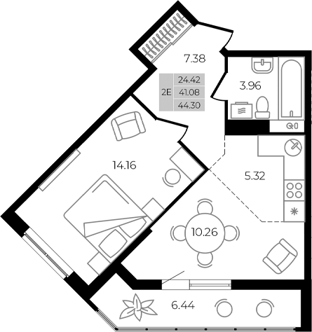 Планировка — Курортный регион, 2-комн., 41 м²