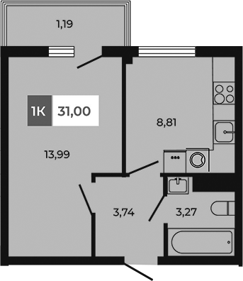 Планировка — Соседи, 1-комн., 30 м²
