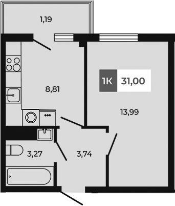 Планировка — Соседи, 1-комн., 30 м²