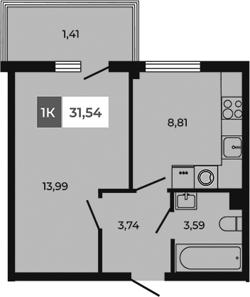 Планировка — Соседи, 1-комн., 30 м²