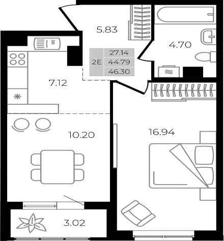 Планировка — Курортный регион, 2-комн., 45 м²