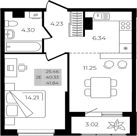 Планировка — Курортный регион, 2-комн., 40 м²