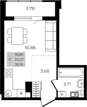 Планировка — Курортный регион, Студия, 24 м²