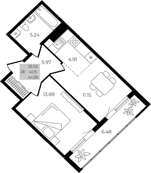 Планировка — Курортный регион, 2-комн., 41 м²