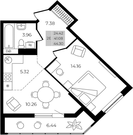 Планировка — Курортный регион, 2-комн., 41 м²