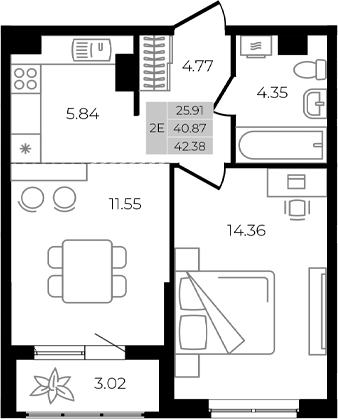 Планировка — Курортный регион, 2-комн., 41 м²
