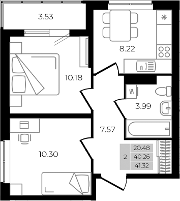 Планировка — Курортный регион, 2-комн., 40 м²