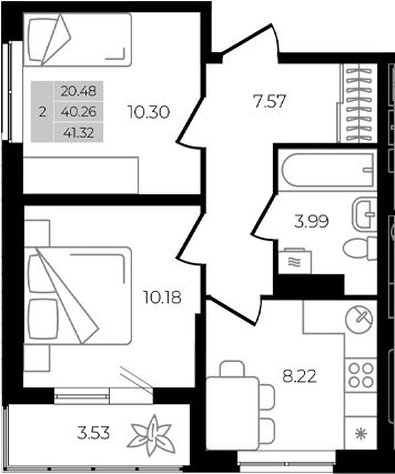 Планировка — Курортный регион, 2-комн., 40 м²