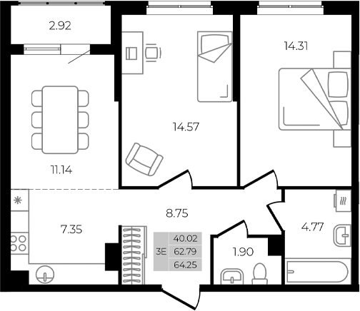 Планировка — Курортный регион, 3-комн., 63 м²