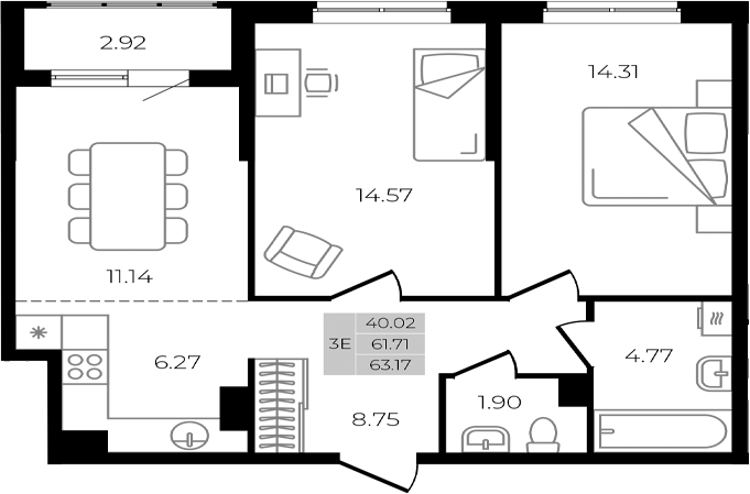 Планировка — Курортный регион, 3-комн., 62 м²