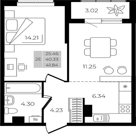 Планировка — Курортный регион, 2-комн., 40 м²